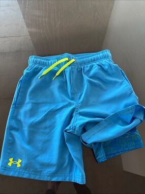 Under Armour Boys' Bright Blue Athletic Swim Shorts with Neon Drawstring